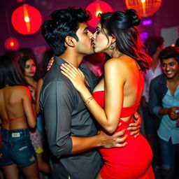 A vibrant and sensual scene capturing a college party atmosphere, featuring a woman resembling Nushrat Bharucha in a striking red minidress