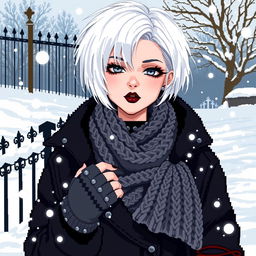 A striking pixel art illustration of a goth girl with short, platinum blonde hair, styled in an edgy fashion, embodying a winter aesthetic
