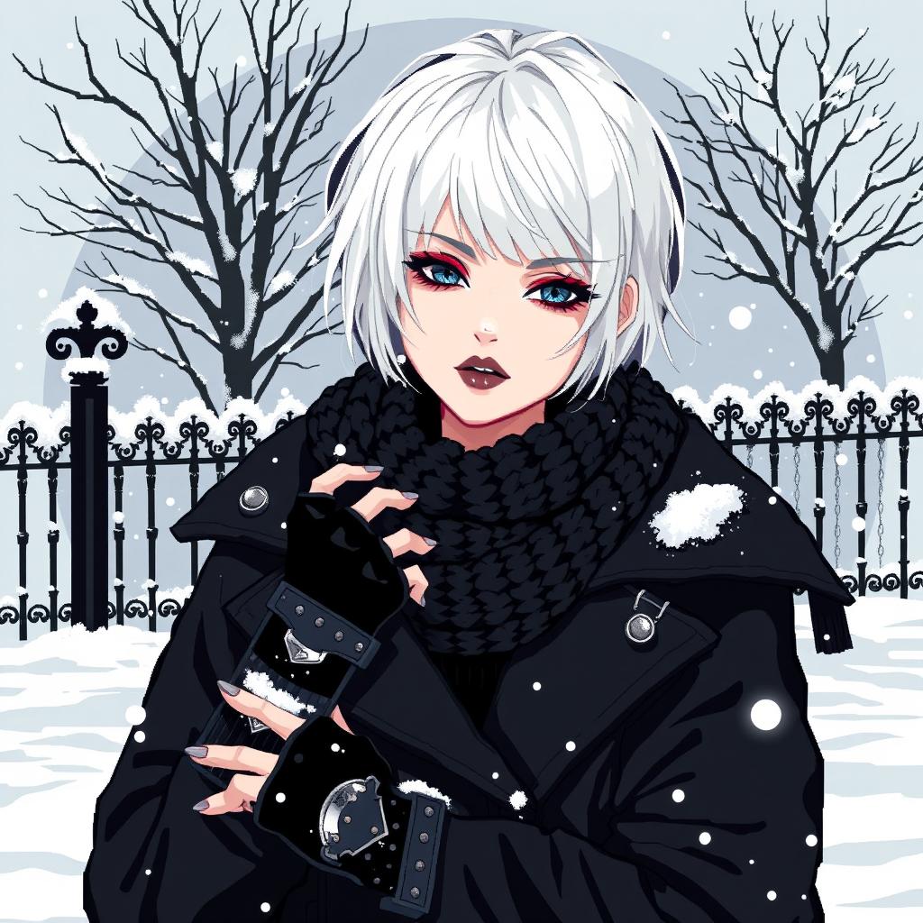 A striking pixel art illustration of a goth girl with short, platinum blonde hair, styled in an edgy fashion, embodying a winter aesthetic