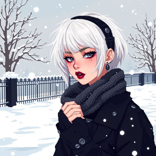 A striking pixel art illustration of a goth girl with short, platinum blonde hair, styled in an edgy fashion, embodying a winter aesthetic