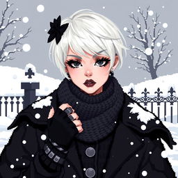 A striking pixel art illustration of a goth girl with short, platinum blonde hair, styled in an edgy fashion, embodying a winter aesthetic