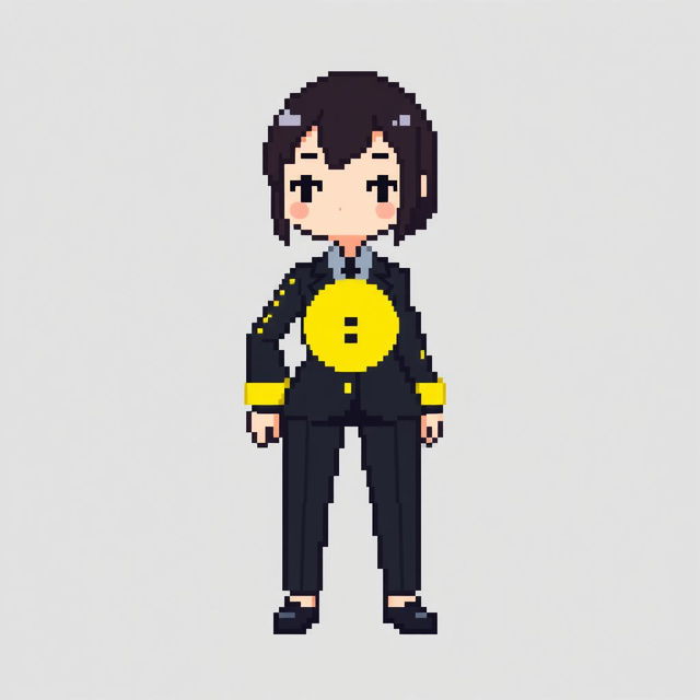 A pixel art female character dressed in a black suit with yellow lines along the arms