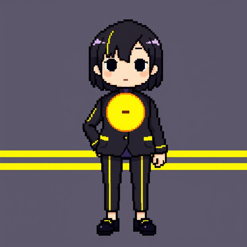 A pixel art female character dressed in a black suit with yellow lines along the arms