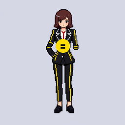 A pixel art female character dressed in a black suit with yellow lines along the arms