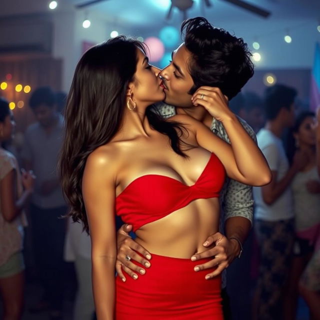 A sensual college party scene featuring a young Indian woman resembling Nushrat Bharucha, wearing a short, form-fitting red minidress