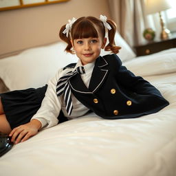 A portrait of a European girl in a stylishly decorated bedroom, featuring soft ambient lighting