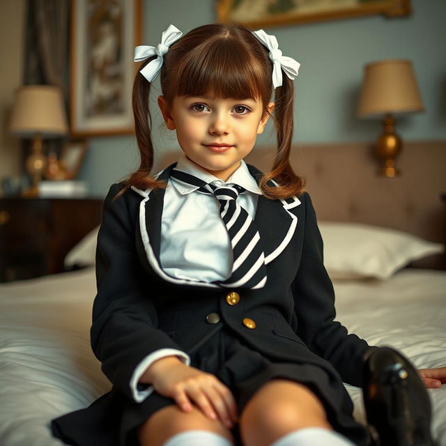 A portrait of a European girl in a stylishly decorated bedroom, featuring soft ambient lighting