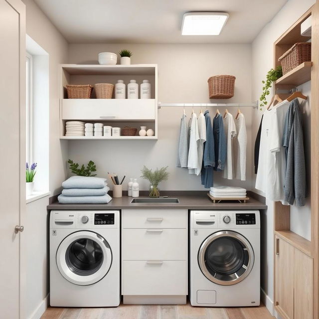 A stylish and modern laundry room featuring a pair of sleek front-loading washing machines placed side by side