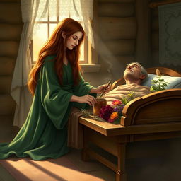 A fantasy scene depicting a compassionate human female healer aged 40, with long flowing chestnut hair and gentle eyes, tending to a sick man in his 50s who is lying in a cozy wooden bed