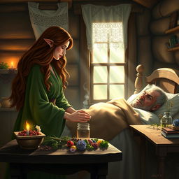 A fantasy scene depicting a compassionate human female healer aged 40, with long flowing chestnut hair and gentle eyes, tending to a sick man in his 50s who is lying in a cozy wooden bed