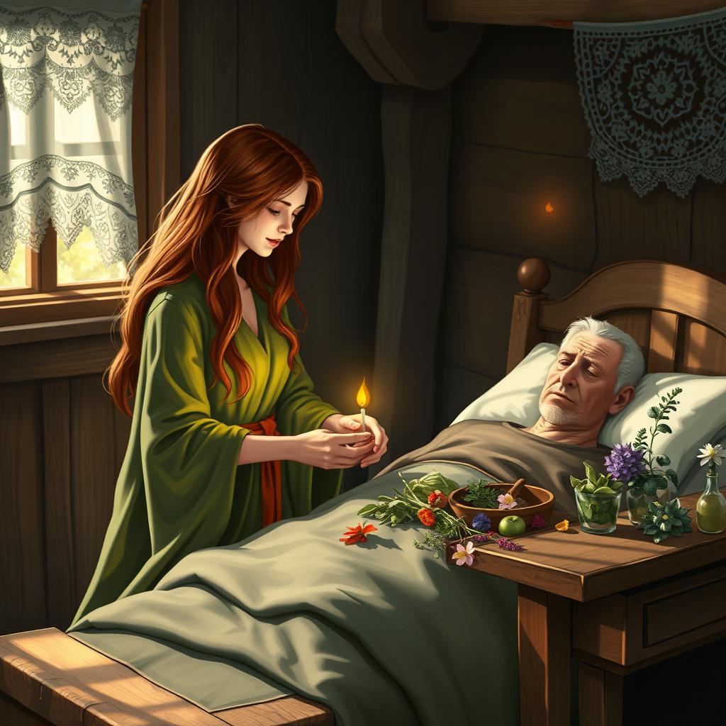 A fantasy scene depicting a compassionate human female healer aged 40, with long flowing chestnut hair and gentle eyes, tending to a sick man in his 50s who is lying in a cozy wooden bed