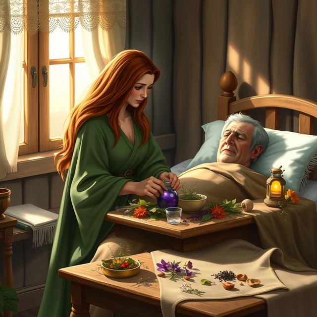 A fantasy scene depicting a compassionate human female healer aged 40, with long flowing chestnut hair and gentle eyes, tending to a sick man in his 50s who is lying in a cozy wooden bed