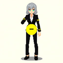 A pixel art female character dressed in a black suit with yellow lines along the arms