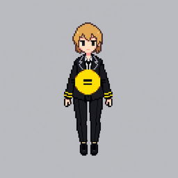 A pixel art female character dressed in a black suit with yellow lines along the arms