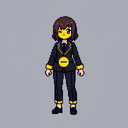 A pixel art female character dressed in a black suit with yellow lines along the arms