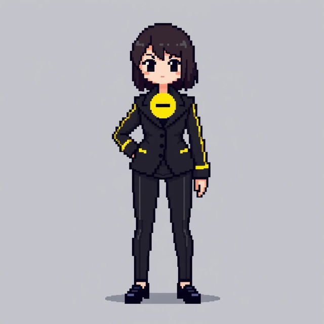 A pixel art female character dressed in a black suit with yellow lines along the arms