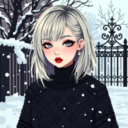 A captivating pixel art illustration of a goth girl with medium-length, ash blonde hair, styled with a punk-inspired edge