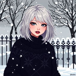 A captivating pixel art illustration of a goth girl with medium-length, ash blonde hair, styled with a punk-inspired edge