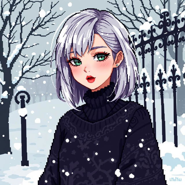 A captivating pixel art illustration of a goth girl with medium-length, ash blonde hair, styled with a punk-inspired edge