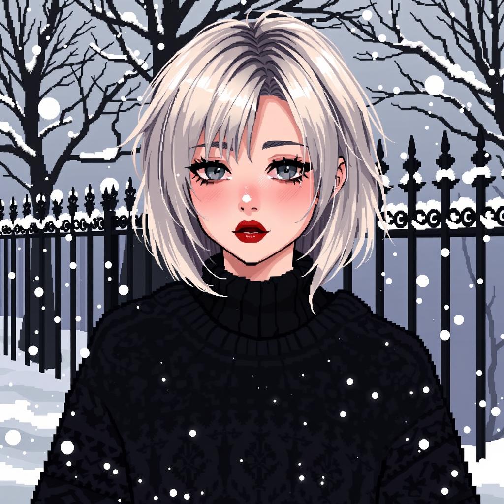 A captivating pixel art illustration of a goth girl with medium-length, ash blonde hair, styled with a punk-inspired edge