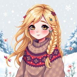 A whimsical pixel art illustration of a fantasy girl with flowing, golden blonde hair, adorned with delicate braids and accessories, perfectly capturing the magic of winter