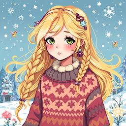 A whimsical pixel art illustration of a fantasy girl with flowing, golden blonde hair, adorned with delicate braids and accessories, perfectly capturing the magic of winter