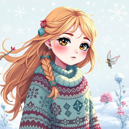 A whimsical pixel art illustration of a fantasy girl with flowing, golden blonde hair, adorned with delicate braids and accessories, perfectly capturing the magic of winter