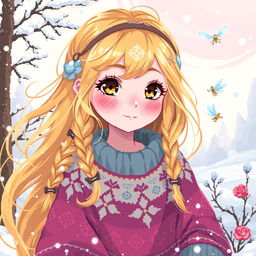 A whimsical pixel art illustration of a fantasy girl with flowing, golden blonde hair, adorned with delicate braids and accessories, perfectly capturing the magic of winter