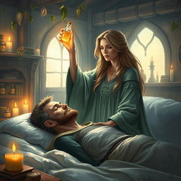 A fantasy scene depicting a human female healer, aged 40, with long flowing hair and a serene expression, wearing a beautifully detailed robe adorned with mystical symbols