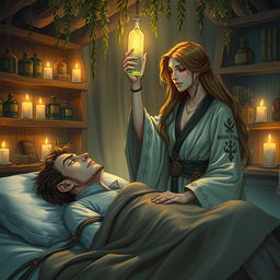 A fantasy scene depicting a human female healer, aged 40, with long flowing hair and a serene expression, wearing a beautifully detailed robe adorned with mystical symbols