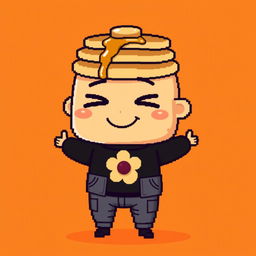 A pixel art character with a funny expression, featuring closed eyes and a big smile