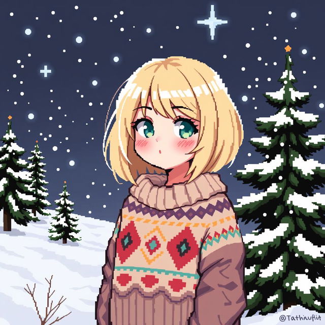 A charming pixel art illustration of a fantasy girl with a stylish blonde bob haircut, distinctly non-anime in appearance