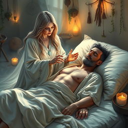 A fantasy scene featuring a human female healer aged 40, with long flowing hair and gentle, caring eyes