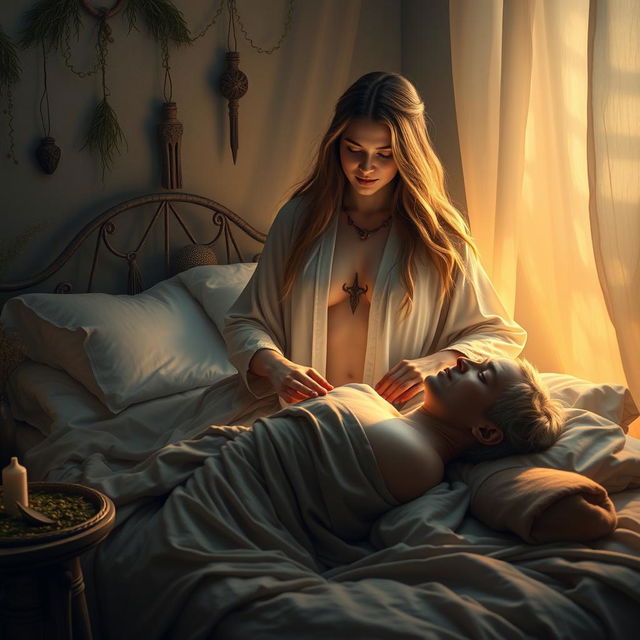 A fantasy scene featuring a human female healer aged 40, with long flowing hair and gentle, caring eyes