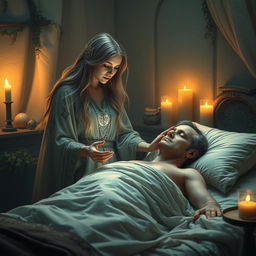 A fantasy scene featuring a human female healer aged 40, with long flowing hair and gentle, caring eyes