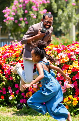 A middle-aged Black man with a well-groomed beard and stylish spectacles is energetically jumping over a colorful flower hedge