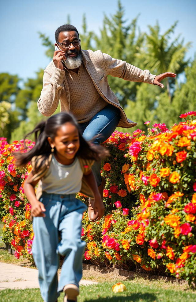 A middle-aged Black man with a well-groomed beard and stylish spectacles is energetically jumping over a colorful flower hedge