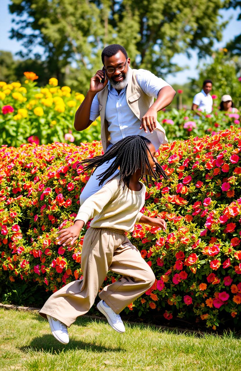 A middle-aged Black man with a well-groomed beard and stylish spectacles is energetically jumping over a colorful flower hedge