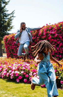 A middle-aged Black man with a well-groomed beard and stylish spectacles is energetically jumping over a colorful flower hedge