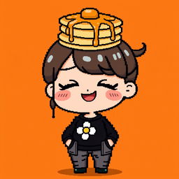 A pixel art character of a girl with a funny expression, featuring closed eyes and a big smile