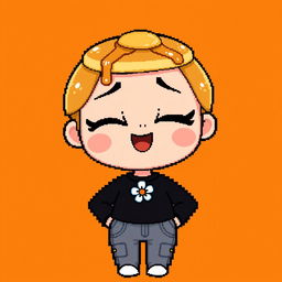 A pixel art character of a girl with a funny expression, featuring closed eyes and a big smile