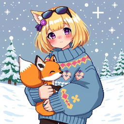 A delightful pixel art illustration of a fantasy girl with a stylish blonde bob haircut, adorned with playful accessories
