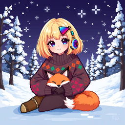 A delightful pixel art illustration of a fantasy girl with a stylish blonde bob haircut, adorned with playful accessories