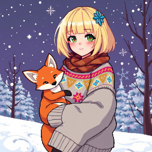 A delightful pixel art illustration of a fantasy girl with a stylish blonde bob haircut, adorned with playful accessories