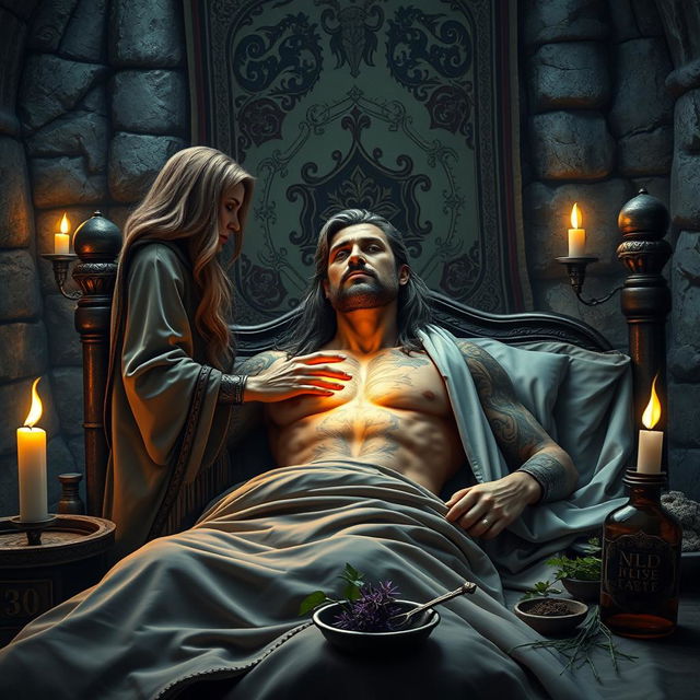 A fantasy scene featuring a human female healer, aged 40, with warm, caring eyes and long flowing hair, tending to a sick 45-year-old man laying in a grand medieval bed