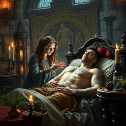A fantasy scene featuring a human female healer, aged 40, with warm, caring eyes and long flowing hair, tending to a sick 45-year-old man laying in a grand medieval bed