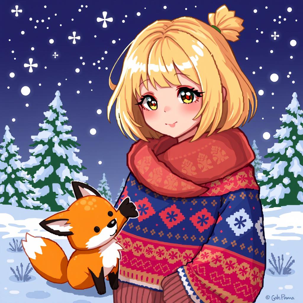 A charming pixel art illustration of a fantasy girl with a trendy blonde bob hairstyle, exuding a playful and adventurous spirit