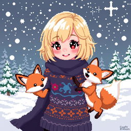A charming pixel art illustration of a fantasy girl with a trendy blonde bob hairstyle, exuding a playful and adventurous spirit