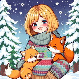 A charming pixel art illustration of a fantasy girl with a trendy blonde bob hairstyle, exuding a playful and adventurous spirit
