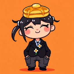 A pixel art character of a girl aged 13-14 with a funny expression, featuring closed eyes and a cheerful smile